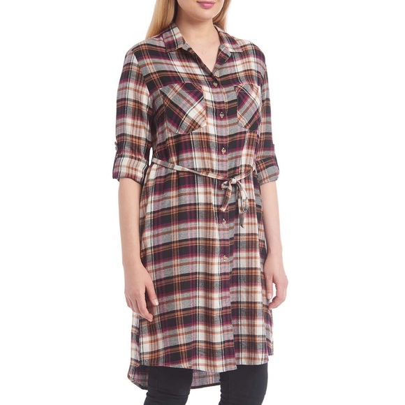 🔥 Brown Flannel Plaid Shirt Dress Medium Button - Picture 2 of 3